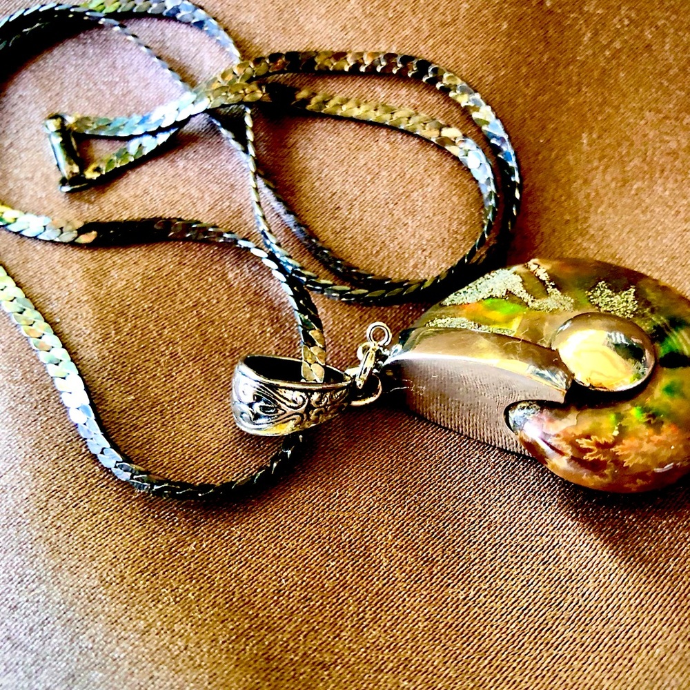 Natural Ammonite Fossil In Secure Stainless Steel Setting on a Black Steel Chain